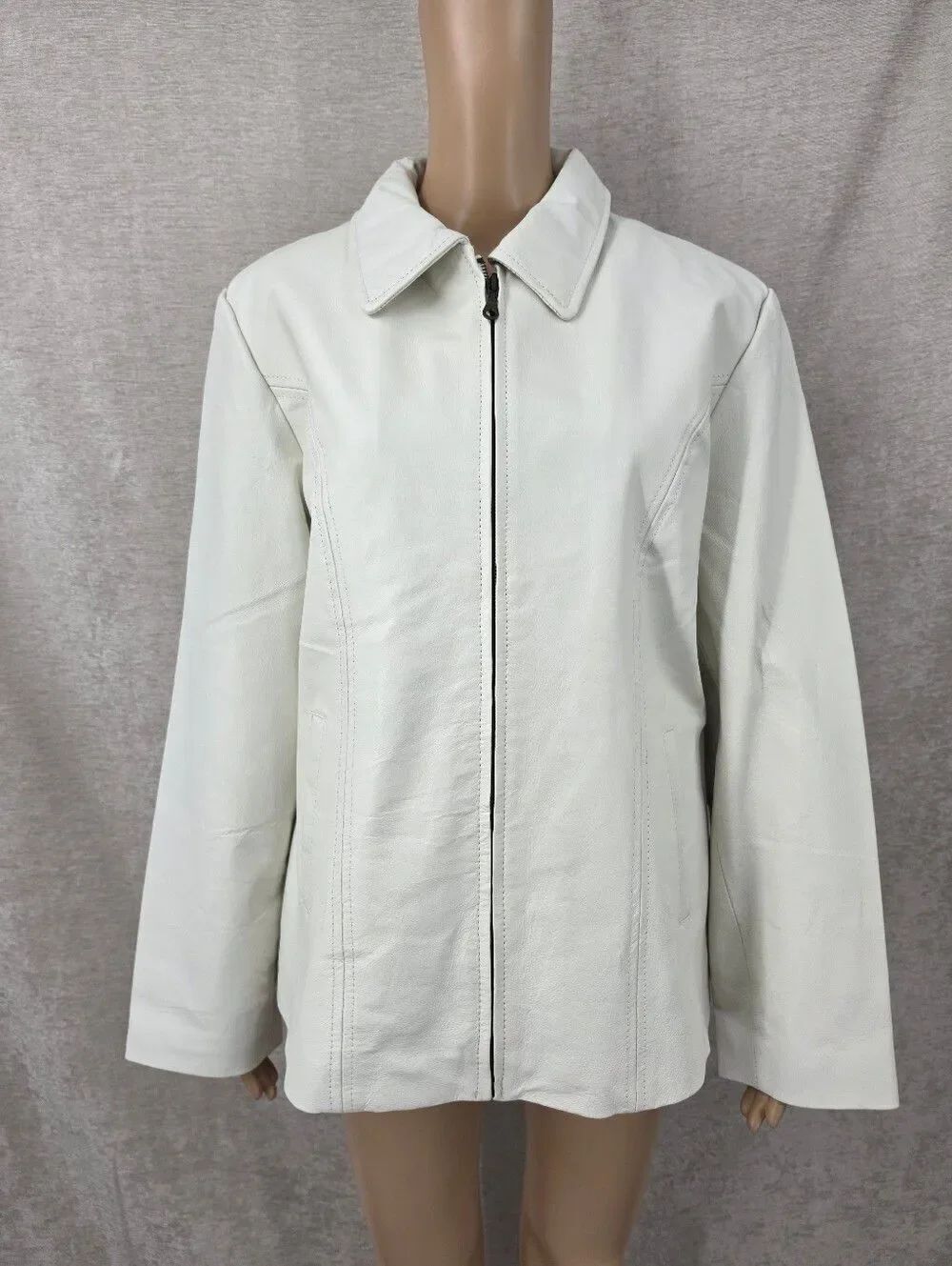 Vintage Y2K Women's White Ivory Zip-Front Leather Moto Jacket